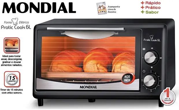 Forno Elétrico Mondial, Pratic Cook - 6L, 127V, Preto/Inox, 650W - FR-09